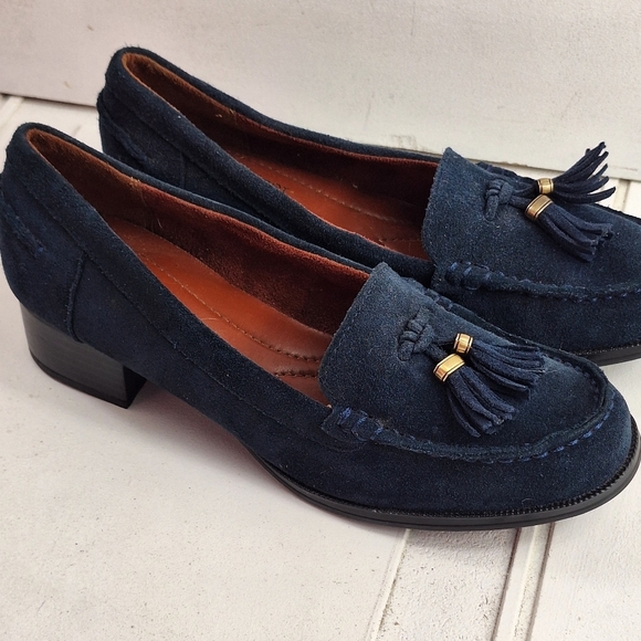 Naturalizer Shoes - Naturalizer Blue Suede Loafers Tassels Block Heel Brandi Gold Hardware 8.5